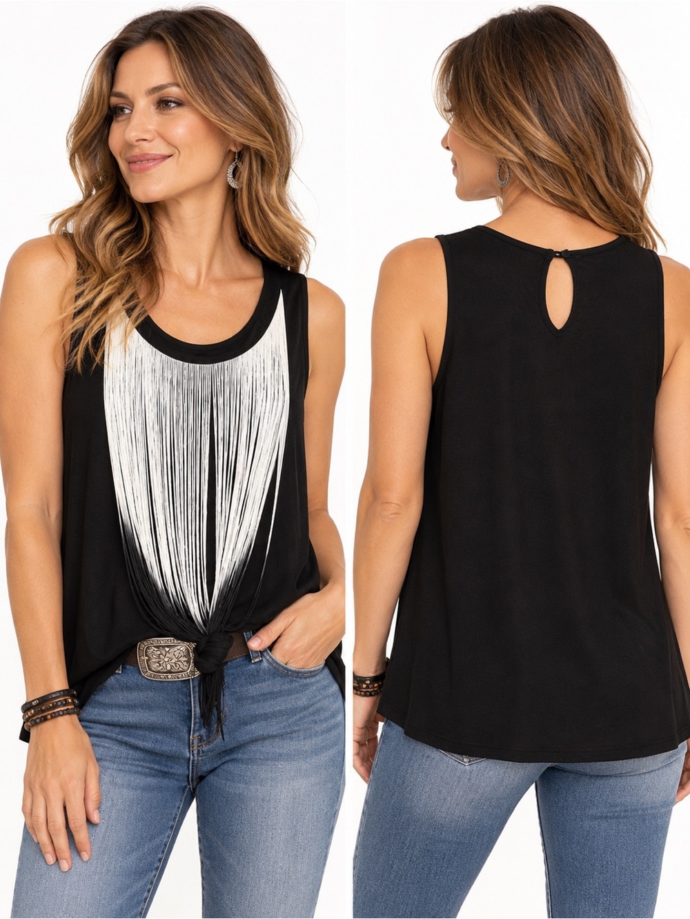 Kim & Cami Black White Fringe Tank Top Western Chic Line Dance Medium